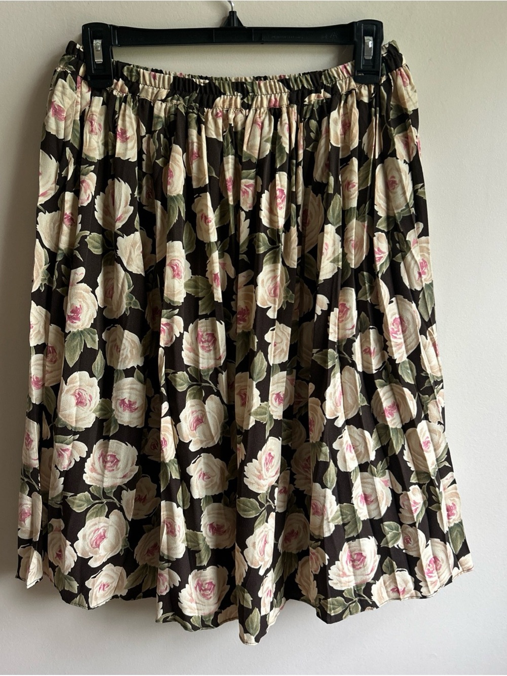 Dana Buchman Silk Brown Floral Lined Pleated Knee Length Elastic Waist Skirt 6